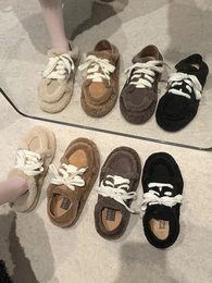 Woman Shoe Casual Female Footwear Round Toe Autumn Loafers Fur Shallow Mouth Dress Moccasin Winter Fall Fabric Hook Loop