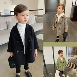 Winter Grid Jackets Boys Girl Woolen Double-breasted Baby Boy Trench Coat Lapel Autumn Kids Outerwear Coats Spring Wool Overcoat 240106