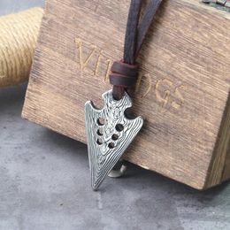 Pendant Necklaces Stainless Steel Viking Damascus Spear Necklace With Really Cow Leather Chain As Men Gift Wooden Box