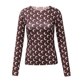 marine Moon Based Shirt Spring and Autumn Printed Long Sleeved Sun Protection with Ice Silk Lining T-shirt Undershirt Women's tight fitting clothing Underlay top 849I