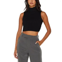 Women's Tanks Women Fashion Knitted Ribbed Vests Solid Colour Turtleneck Sleeveless Sweater Tank Tops Slim Fit Exposed Navel Crop