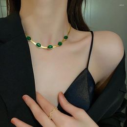 Pendant Necklaces Titanium Steel Fashion Fine Jewellery Welding Oval Green Zircon Charm Thick Chain Choker Bracelets For Women