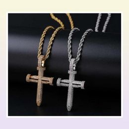 hip hop nail cross diamonds pendant necklaces for men luxury crystal pendants copper zircons 18k gold platinum plated lovers chain2952131