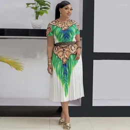 Work Dresses Tsxt 2024 African Style Fashion Women Print 2-pieces O-neck Short-Sleeved T-shirt With Pleated Mid-Length Loose Dress Set