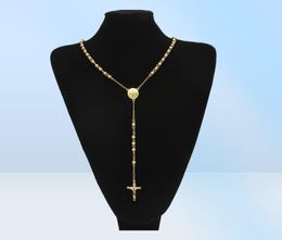 Gold Stainless Steel Bead Chain Jesus Christ Pendant Rosary Long Necklace Mens Womens Hip hop Jewelry2688151