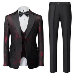 Men's Suits Luxury Jacquard Men Suit Red Gentlemen Clothing Wedding Party Groom Dress Business Banquet Male 3 Piece Set (Blazer Pants Vest)