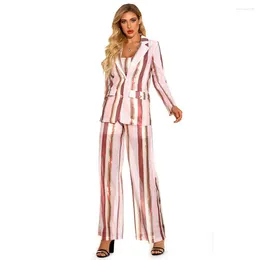 Women's Two Piece Pants Sequin Striped Blazer Set Fashion Glitter Sparkly Coat Bandeau Top Wide Leg Flare Suit 3 Outfit