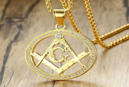 men necklace Masonic pendent stainless steel fashion chain gold necklace hip hop crystal Jewellery on the neck whole13075233