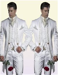 Custom Made Embroidery 3 Piece Groom Tuxedos Long White Men Wedding Suit Bridgroom Men Dinner Prom WearJacketPantsVest9925821