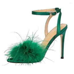 Sandals Summer Feather One Line Ribbon Silk Forged Wedding Shoes Thin High Heel Banquet Dress Large And Small Women's