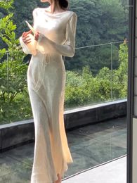 Casual Dresses Vintage Long Women Sleeve Evening Dress Female French Elegant Backless Ladies Slim Bandage Wrap Vestidos