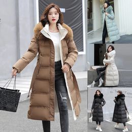 Long Down Cotton Parkas Jacket Winter Women X-Long Faux Fur Collar Padded Jackets Thick Loose Large Size Down Overcoat 240106
