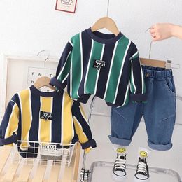 Korean Spring Autumn Baby Boy 2PCS Clothes Set Long Sleeve Striped Sweatshirt Jeans Pants Suit Kids Toddler Outfit 240106