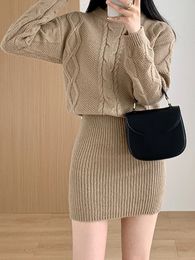 Ribbed Pullover Bodycon Dress Knit Bating Sleeve Fake Two Piece Dress Thickened Warm Dress For Women Fall Winter 240106