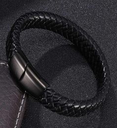 Men Fashion Jewelry Black Braided Leather Bracelet Stainless Steel Magnetic Clasp Weave Bangles Gifts pulsera hombre4709941