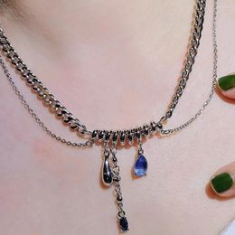 Pendant Necklaces European And American Imitation Treasure Blue Velvet Water Droplet Zircon Necklace Hong Kong Style Retro Design Couple