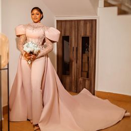 Stunning Jumpsuit Wedding Dresses With Detachable Train Lace Bridal Gowns Long Sleeves Appliqued High Neckline Satin Vestido De Novia 415
