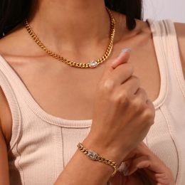 2024 New 3A Cubic Zirconia Chunky Cuban Chain Choker Necklace Bracelet Jewelry Set For Women Vintage Stainless Steel Accessories 14K Gold Plated