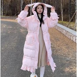 Women's Trench Coats Down Cotton Jacket Womens Korean Hepburn Style Warm White Duck Coat Hooded Loose Long Parka Female Thick Winter