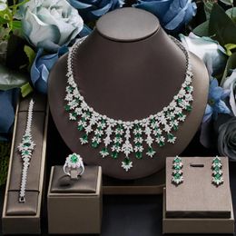 Necklace Earrings Set 2024 Luxury Statement Bridal Wedding For Bride 4 Pieces Green Cubic Zirconia Bracelet