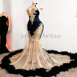 Luxury Black Feather Prom Dress For Black Girls Halter Neck Illlusion Sequin Mermaid Evening Gown Orange Plus Size Birthday African Special Occasion Party Gown 2024