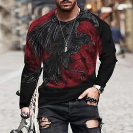 Animal Crow Vintage 3D Print Summer Men's Round Neck T-shirt Casual Long Sleeve Oversized T Shirt Fashion Pullover Men Clothing 240106