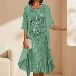 Party Dresses Women Coat Dress Set Sequin Round Neck Half Sleeves Shawl Maxi Suit OL Style High Waist Cardigan Clothes