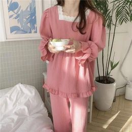 Women's Sleepwear Pyjama Sets Women Long Sleeve Square Collar Ruffles Lace Patchwork Princess Sweet Lovely Home Lounge Wear Loose Spring