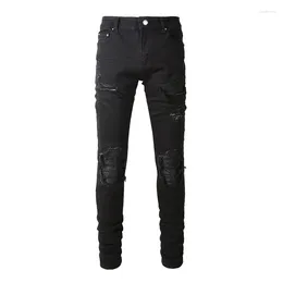 Men's Jeans Fashion Steetwear Style Bandana Skinny Stretch With Holes Ripped Slim Fit Black Blue High Street Distressed Patch
