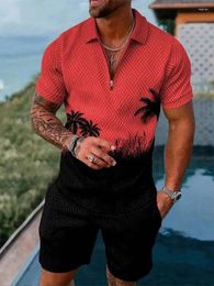 Men's Tracksuits Summer Beach 3D Print Sweatsuit Set Casual Zipper Collar Polo Shirt And Shorts 2pcs Sets Fashion Man Clothing