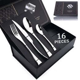 16Pcs/Set Silver Silverware Set 304 Stainless Steel Tableware Table Fork Steak Knife Spoon Flatware Kitchen Cutlery Set Gift Box 240106