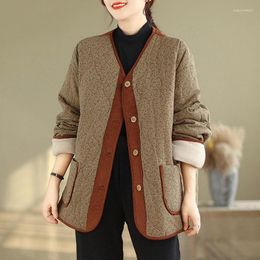 Women's Jackets Vintage Loose Contrast Colour Women Coats Autumn Winter V-Neck Fashion Patchwork Long Sleeve Thicken Elegant Single Breasted