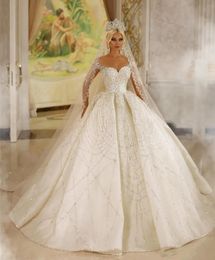 Luxury New Arrival Dubai Wedding Dress 2024 Sheer Neck Illusion Sleeves Puffy Beads Crystal Princess Bridal Gowns Vestidos De Noiva Custom Made