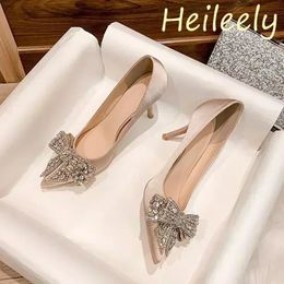 6cm Fashion Satin Pointed Toe with Rhinestone Bow Sexy High Heels Banquet Party Women Shoes 41 42 43 240106