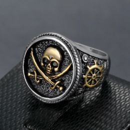 Vintage Mens Pirate Signet Double Knife Skull Ring Golden/Silver Colour 14 Gold Compass Goth Punk Ring