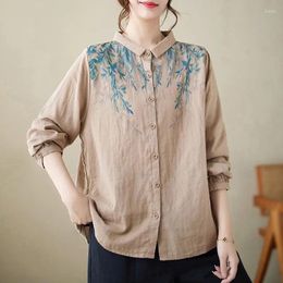 Women's Blouses Spring Autumn Arts Style Women Long Sleeve Single-breasted Loose Blouse Vintage Print Cotton Linen Shirt Female Tops P353