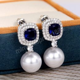 Gorgeous Blue Cubic Zirconia Imitation Pearl Dangle Earrings Women For Engagement Wedding Party Temperament Elegant Ear Jewellery