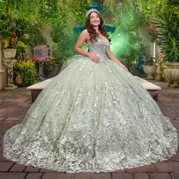 Mint Green Off the Shoulder Quinceanera Dresses Sweet 15 Gowns 3D Applique Lace Bead Tull Vestidos 15 De Quinceanera