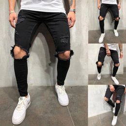 Men's Jeans Men Pure Color Hole Denim Vintage Wash Hip Hop Work Trousers Pants Stocking Gift