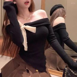 Women's T Shirts Off-shoulder Bow Lace Up Sexy Slim Long-sleeved T-shirt Women 2024 Spring High Street Patchwork Threaded Irregular Tops