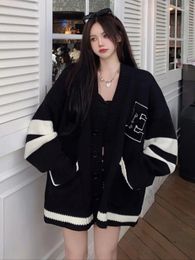 Deeptown Korean School Student Black Baggy Cardigan Women Preppy Style Oversized Loose Letter Embroidery Knitted Top Autumn 240106