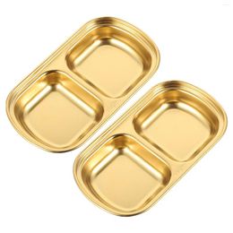Plates 2 Pcs Seasoning Dish Mini Double Grid Appetizer Plate Dip Bowl Stainless Steel Sauce Compartments Kitchen Tool