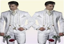 Custom Made Embroidery 3 Piece Groom Tuxedos Long White Men Wedding Suit Bridgroom Men Dinner Prom WearJacketPantsVest1710994