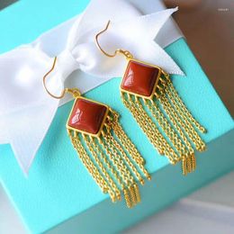 Dangle Earrings Super Fairy Tassel Sterling Silver Gilding Inlaid Southern Red Agate Personality Geometry Retro Goddess Style