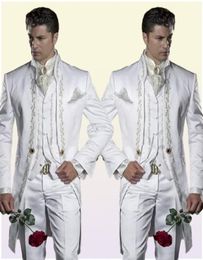 Custom Made Embroidery 3 Piece Groom Tuxedos Long White Men Wedding Suit Bridgroom Men Dinner Prom WearJacketPantsVest2474945