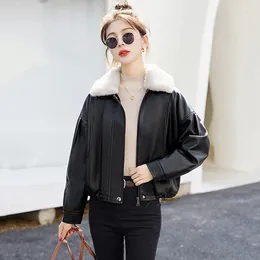 Women's Leather Women Autumn Winter Casual Thicken Jacket Fashion Warm Fur Collar Plus Velvet Loose Short Coat Split