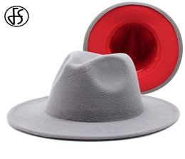 FS 61cm Grey Red Patchwork Wool Felt Jazz Fedora Hats For Women Unisex Wide Brim Panama Party Trilby Cowboy Cap Men Gentleman3968202