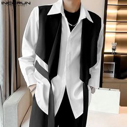 INCERUN Tops Korean Style Handsome Men Patchwork Fake Two Piece Shirt Casual Party Contrast Design Long Sleeve Blouse S-5XL 240106