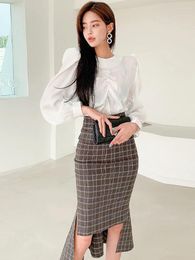 Work Dresses Spring Elegant Fashion 2 Piece Outfits Women Casual Sheer Puff Sleeve White Shirt Tops Plaid Mermaid Chic Skirt Set Office Lady