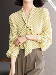 Women's Blouses Oiinaa Shirts For Women Tops Chic Striped Bow Tie Casual Basic Blouse Comfortable Loose Lanten Sleeve Ladies Fashion Top